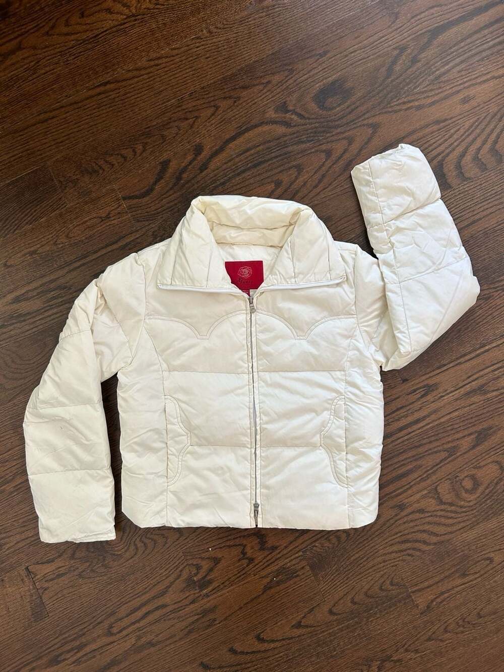 Vintage Guess Women's Cream White Puffer Jacket Size M Y2K